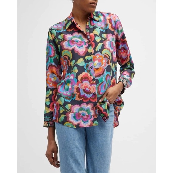Johnny Was Workshop Shirt Womens Small Calanthe Floral Print Silk Button Up Boho